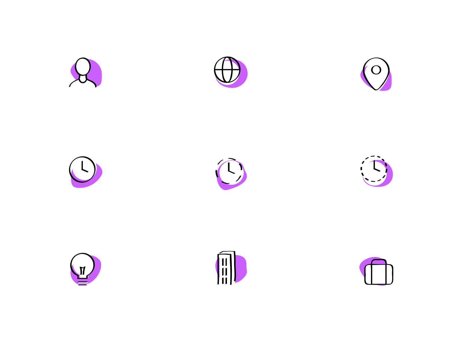 icons for a freelance activity 🤖 freelance icons lightbulb part time picto pictograms profil purple remote work world