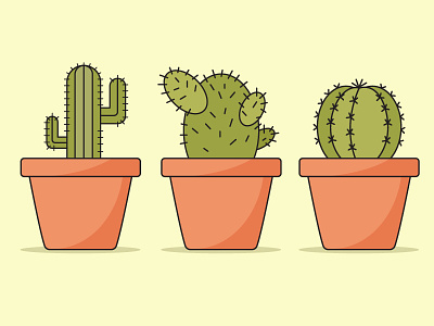 Three cartoon style Cactus in Clay pot cactus garden green plant pot pottery