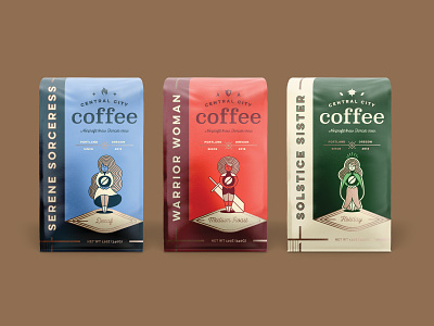 Central City Coffee Bags archetypes branding branding design central city coffee coffee bags female empowerment illustration serene sorceress solstice sister warrior woman women