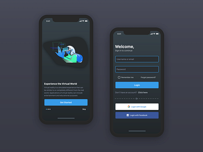 VR app login app design dark illustration login sketch ui ux virtual reality vr welcome screen