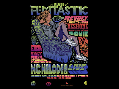 Klubb Femtastic 2 November blacklight dance freehand illustration nightclub poster typography