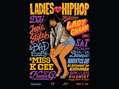 Ladies ♥ Hiphop 17 July freehand hiphop illustration nightclub poster typography