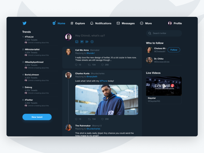 Twitter Redesign - Dark by Chimdindu Chimereze on Dribbble