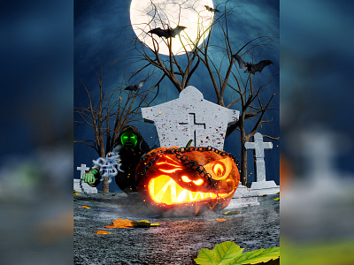 Halloween 3d zombie b3d bats blender creative cycles render dry trees fire fullmoon night grave gravyard halloween horror mycookiepumpkin pumpkin