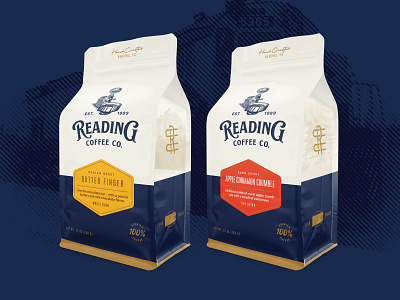 Reading Coffee Co. Bag Design blue branding coffee coffee bag coffee packaging illustration logo packaging packaging design vintage