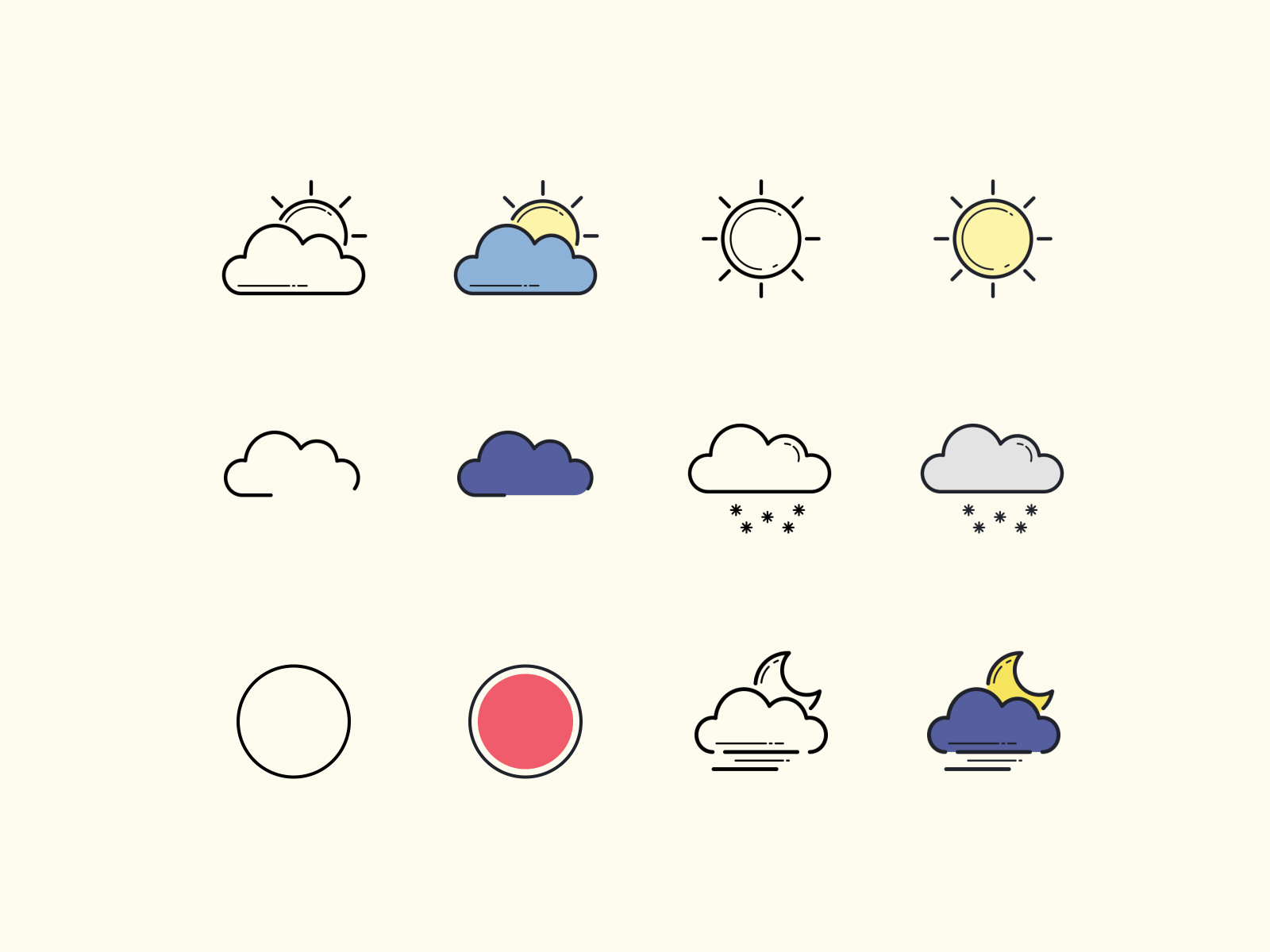 Weather Animated Icons animation bolt cloud day design flat fog icon icon set illustrator lighting motion night rain snowflake ui ux vector weather web