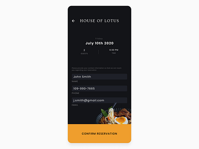 Daily UI #054 confirm reservation daily ui 054 daily ui challenge food mobile app design orange restaurant ui design