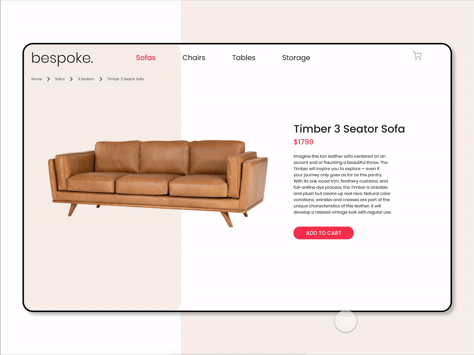 Daily UI #058 add to cart article brown couch daily ui 058 daily ui challenge ecommerce furniture detail furniture website prototype animation shopping cart sofa ui design website design