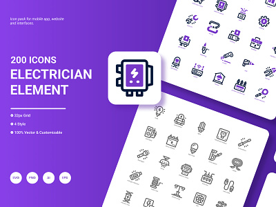Electrician Element Icon Pack battery bulb electrician electricity element energy house lamp power repair switch wire