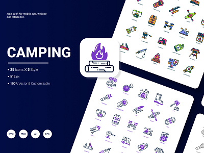 Camping Icon Pack activity adventure binocular camping compass direction fishing flame flashlight hiking match picnic