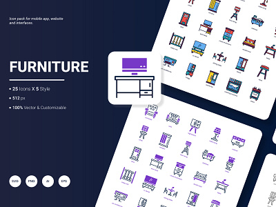 Furniture Icon Pack armchair bed cabinet chair closet desk furniture icon illustration object room sofa