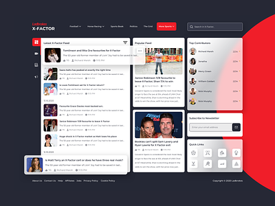 Ladbrokes X-Factor Web Interface announcement articles articles page concept dribbble best shot feeds page football ladbrokes news page politics popular feed quick links sports page subscribe newsletter top contributors ui ui design user interface videos x factor