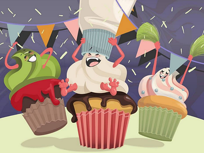 Cupcake Party celebration character cupcakes dancing illustrations scene