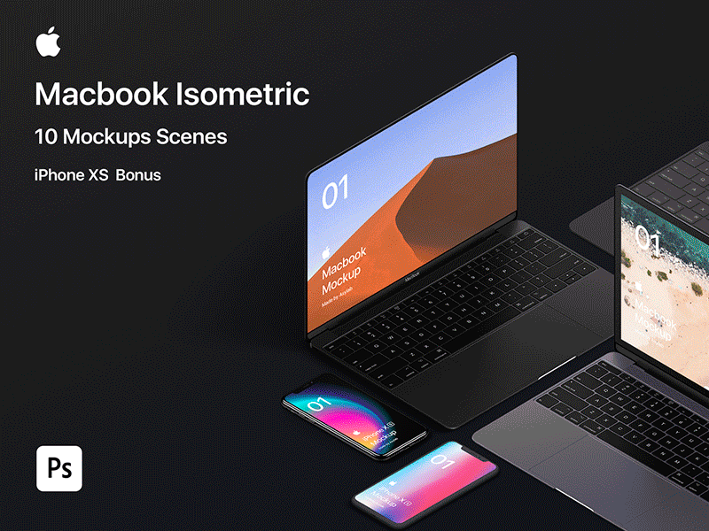 Macbook 2018 - 10 Scenes Mockup - PSD isometric mockup macbook isometric graphic design isometric iphone xs mac macbook mockup macbook pro macbook design iphone x mockup apple iphone x app mockup user interface uiux ui psd