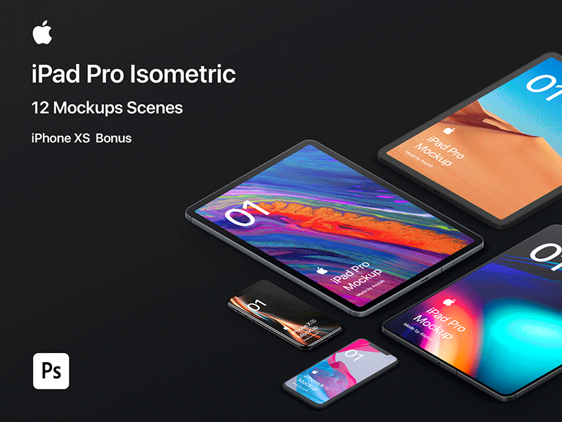 iPad Pro 2018 - 12 Isometric Mockups - PSD