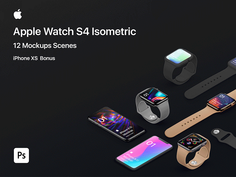 Apple Watch S4 2018 - 12 Isometric Mockups - PSD