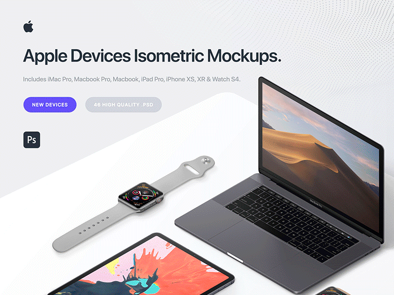 Apple 7 Devices Isometric Mockups 2019 - PSD apple apple devices apple imac design device mockup devices download graphic design ipad pro iphone iphone x mockup iphone xs isometric isometric mockup mockup psd ui user interface xr xs