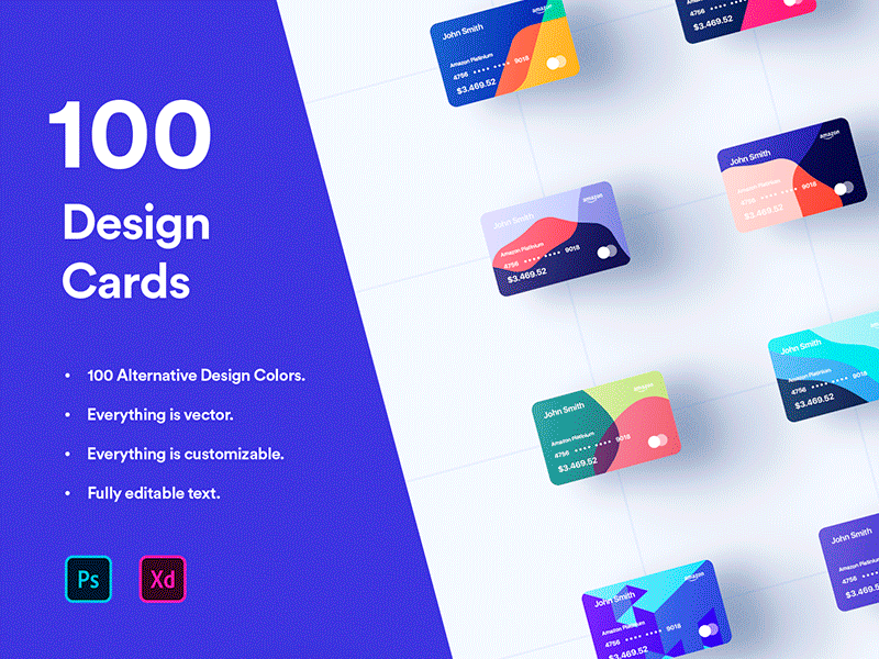 100 Financial Virtual Design Cards - PSD & XD app card card ui cards clean credit card debit card finance financial graphic design ios minimal minimalist mobile mockup modern psd ui user interface vector