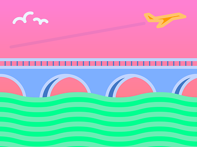 Bridge airplane blue geometric illustration linework minimal modern pink teal