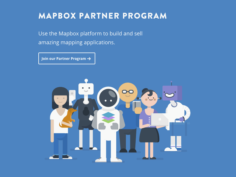 Mapbox Partner Program dog flat illustration linus mapbox people robot