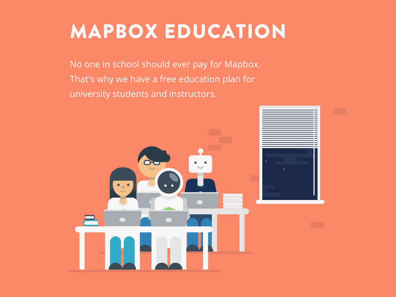 Mapbox Education books classroom education flat illustration macbook mapbox people shooting stars stars window