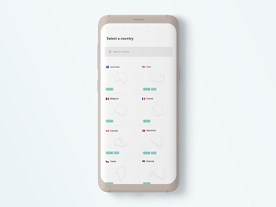 Country-list screen for a VPN app