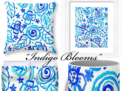 "Indigo Blooms" product launch! blooms floral print indigo painting watercolor