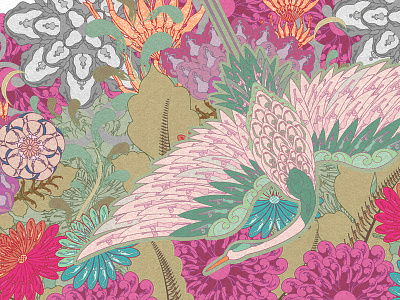 Pattern illustration "Crane” chrysanthemum flower illustration japan japanesestyle miniature nature pattern vivid