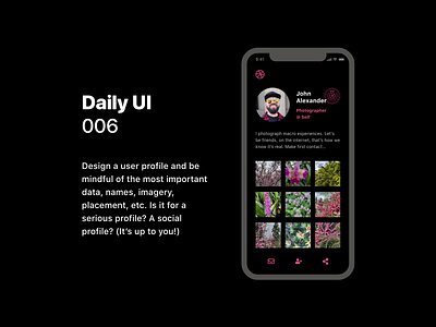 Daily UI 006 User Profile 006 adobexd app branding clean concept creative dailyui design digital ios iphone minimal mobile pink simple ui ui design ux vector