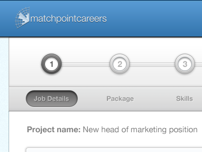 Matchpoint Careers – Employer add a job process bar blue button modern percentage process progress slick steps tag