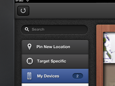 iPad app apple application frame ios ios5 ipad map menu navigation pin refresh search sidebar wood
