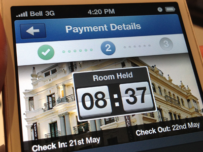Room Held - Hotel booking view book checkin clock countdown hotel ios iphone payment process reserve room stages steps timer ux