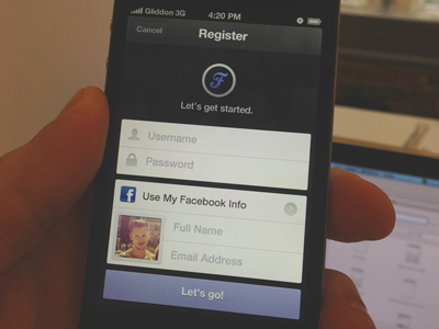 Flossin – Register app arrow avatar button cancel facebook flossin george ios purple register submit table transparent
