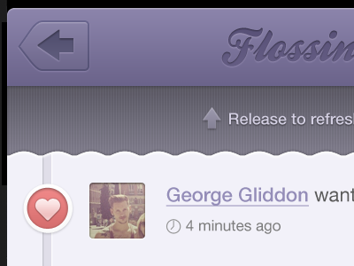 Flossin - Activity/Notifications activity app back comments connect flossin follow following georgegliddon heart icon ios notifications purple refresh stripes time unfollow wave