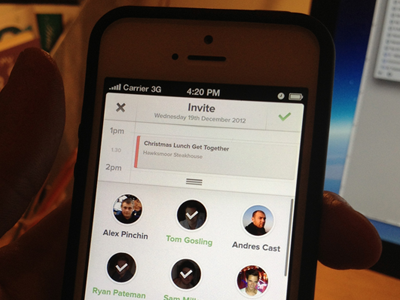 Schedule App –– Invite user to event screen app avatar calendar circle clean cross drag friends gesture invitation invite iphone lunch minimal social tick timeline work