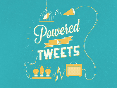 Powered by tweets bird blue bookcover bulb cable cream type typography vector yellow