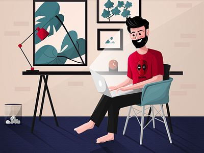 Work From Home Illustration chair corona develop freelance freelancer happy illustration illustrator job laptop man remote work sitting stayhome work desk work from home work in progress working workspace