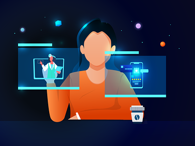 Explore 3d coffee developer doctor ecommerce girl glow medical orange tabs touch screen women