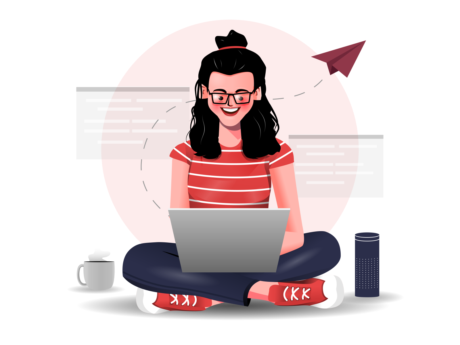 Working on a Project alexa coder coding coffee designer developer development female girl happy illustration paper plane programming uiux vector women