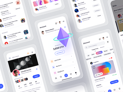 NFT Marketplace app application clean minimal white coin color crypto currency design eth ios marketplace mobile nft notification profile setting smooth ui ux white