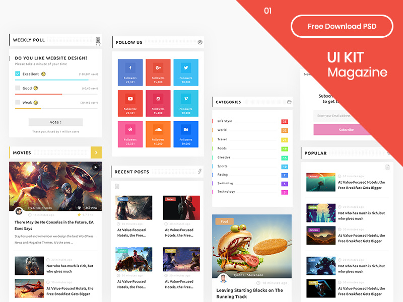 UI Kit Magazine Part 01 - Free Download PSD media social games movies ux smooth psd subscribe magazine download kit ui
