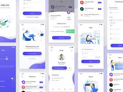 Jobs App android app app application desktop app concept blue bookmark search filter systembar checkbox select clean color company design illustraion jobs lognin signup upload mobile smooth splashscreen ui ux white