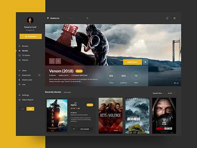 Watch Movie account buy user action film video anime category clean dark color desktop app games layout design gradient movies netflix online progress imdb slider smooth blur 2018 tv shaws ui ux venom watch us youtube play