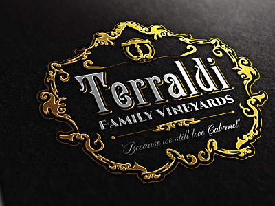 Terraldi Family Vineyards fancy golden hand drawn hot foil swirls vine vineyard vintage wine