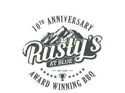 Rustys anniversary bbq food hand drawn logo emblem meat rustic rusty vintage