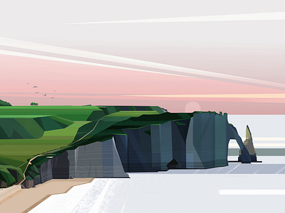 💚Normandy art colors concept design etretat flat france geometry green illustration landscape mountains normandy pink shapes sunset vector