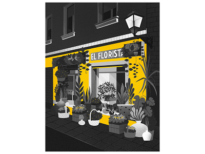 Madrid streets blackandwhite concept flat flowers illustration flowershop illustraion night plantshop store street texture yellow