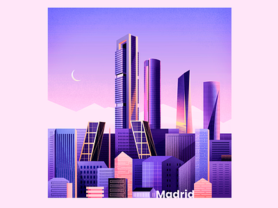 Madrid🌙 architecture art blue city colors concept flat geometry illustration madrid moon mountains pink shapes texture vector