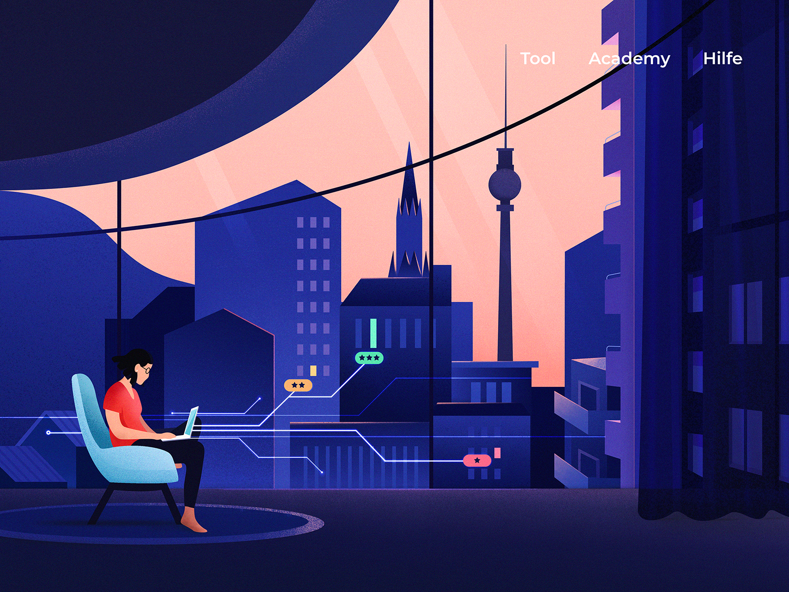 Real Estate Header Illustration through Cheil blue city colors concept design flat futuristic header illustration internet real estate room technology texture tool vector woman