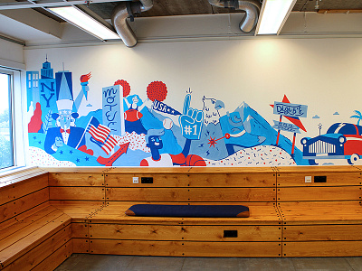 Stards-and-stripes mural for DigiB Brenntag america amsterdam drawing illustration mural office stars and stripes usa wall art wallpainting